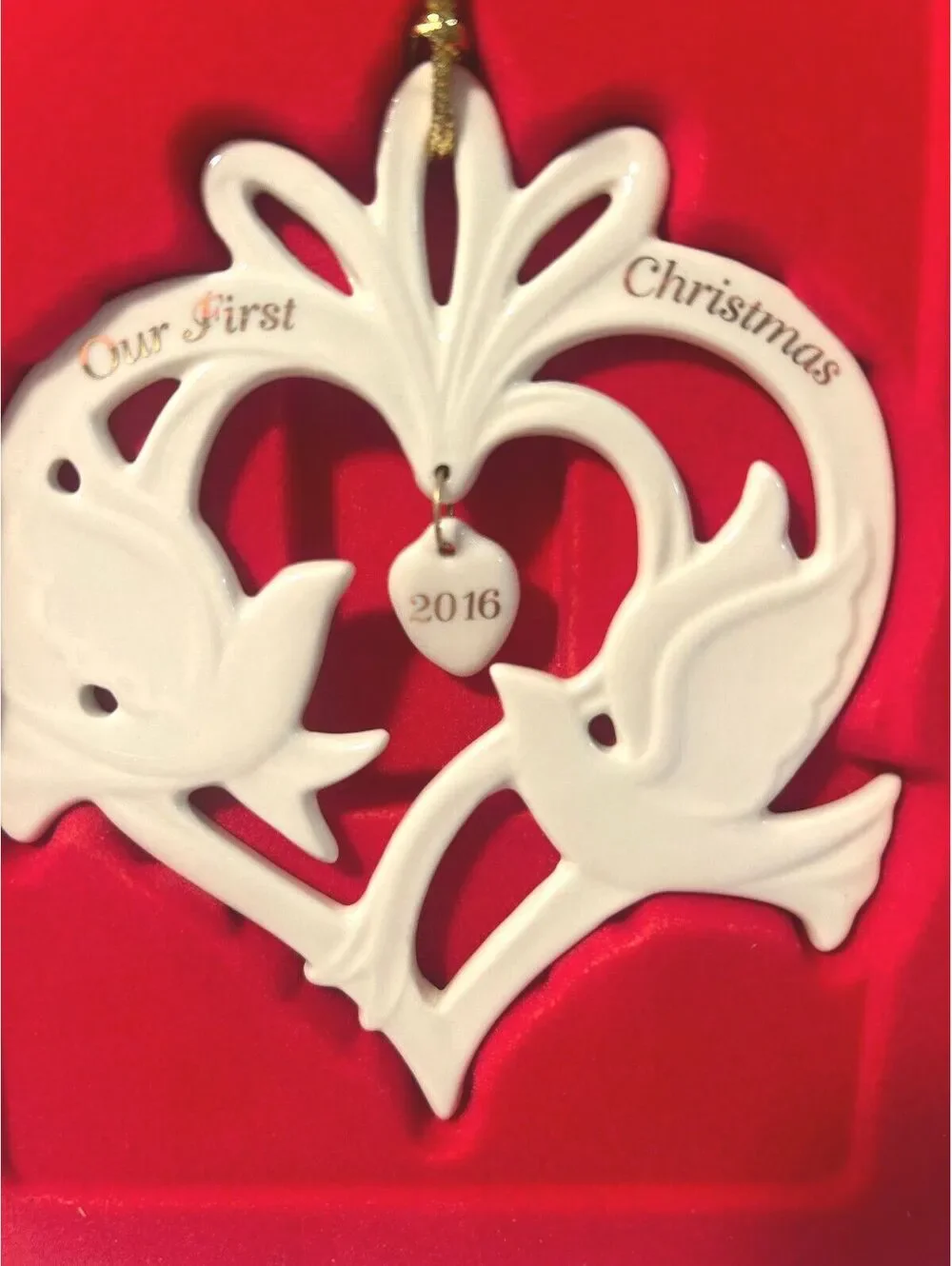 Lenox Ornament Our First Christmas 2016, Original Box Porcelain Doves Heart